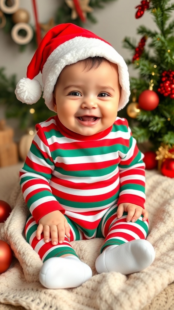 A baby boy in a Christmas outfit with a Santa hat, sitting on a blanket with holiday decorations.
